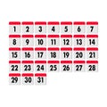 Red abstract calendar for your design. Calendar day icon set, number on calendar page. Vector illustration, flat design. Royalty Free Stock Photo