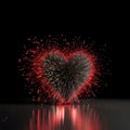 Red abstract firework explosions forming a heart on a black background. New Year\'s fun and festiv Royalty Free Stock Photo