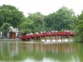 Red access bridge to Ngoc Son Temple. Hanoi