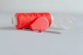 Red accessories for sewing on white background. Needlework and craft concept Royalty Free Stock Photo
