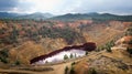 Red acidic lake in place of Kokkinopezoula open-pit copper mine near Mitsero, Cyprus Royalty Free Stock Photo