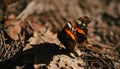 Red admiral butterfly Vanessa atalanta landed on leafy ground