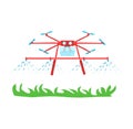 Red agricultural drone spraying crops field. Smart farming precision agriculture vector