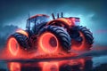 A red agricultural tractor with flaming neon wheels rushes on like a racing car through puddles of spray. concept for