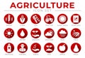 Red Agriculture Round Icon Set of Wheat, Corn, Soy, Tractor, Sunflower, Fertilizer, Sun, Water, Growth, Weather, Rain, Fields, Royalty Free Stock Photo