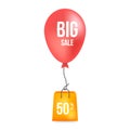 Red air ballon with orange bag. 50% Sale banner template design. Big sale special offer. Special offer banner for poster, flyer,