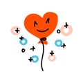 Red Air Balloon in shape of heart and abstract shape and line. Love decoration smiling emoticon. Valentines Day Doodle