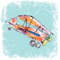 Red airplane with yellow propeller, funny, hand drawn, color penÃÂil. illustration