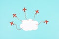 Red airplanes flying out of a cloud, brainstorming for ideas in a team, startup in business, having a goal, positive mindset