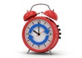 Red alarm clock with blue hands isolated on white background Royalty Free Stock Photo
