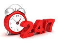 Red alarm clock with the numbers 24 and 7. Royalty Free Stock Photo