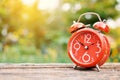 Red alarm clock on old wood tree bokeh background Royalty Free Stock Photo