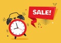 Red alarm clock with ribbon banner with inscription SALE. Vector Royalty Free Stock Photo