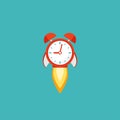 Red alarm clock rocket ship with fire. time, watch, limited offer, deadline symbol. Vector illustration on blue