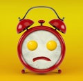 Red alarm clock with sad face omelet concept - isolated on white