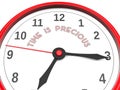 Red Alarm Clock That Says Time Is Precious - Closeup Shot
