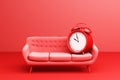 Red Alarm Clock with red Simple Modern Sofa Furniture on a red background