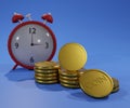 red alarm clock with stack of golden coins Royalty Free Stock Photo