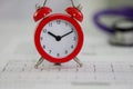 Red alarm clock stands on cardiogram paper in clinic