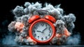 A red alarm clock surrounded by thick smoke and clouds, creating a dramatic and urgent atmosphere Royalty Free Stock Photo