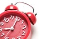 Red alarm clock white background showing exactly eight clock morning. Royalty Free Stock Photo