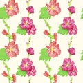 Red Alcea rosea common hollyhock, mallow flower stem with green leaves and buds, hand painted watercolor illustration, seamless