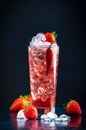 Red alcoholic cocktail drink with vodka, grapefruit juice, strawberries, sugar and hot chili pepper. Highball glass on dark blue Royalty Free Stock Photo