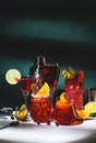 Red alcoholic cocktails set: kir royale, negroni, boulevardier, cosmopolitan, sea breeze with fruits and citrus. Bar tools. Dark Royalty Free Stock Photo