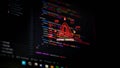 Red alert sign with text system hacked on programming code screen, concept of cyber attack, hacking, data breach, malware, Royalty Free Stock Photo