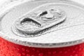 Red aluminum cans with fresh water drops texture background. Water droplets on soda can macro shot Royalty Free Stock Photo