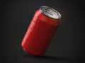 Red aluminum soda or beer can with drops on black background. Mock up