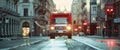 Red ambulance rushing through the city streets in a cinematic setting