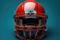 Red american football helmet on a blue background. 3d rendering, looking down on sports equipment, american football helmet, AI Royalty Free Stock Photo