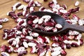 Red Anasazi Beans and wooden scoop. Spotted beans.Kidney beans.Haricot beans. Vegetarian food. Healthy protein food Royalty Free Stock Photo