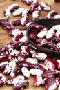 Red Anasazi Beans and wooden scoop. Spotted beans.Kidney beans.Haricot beans. Vegetarian food. Healthy protein food Royalty Free Stock Photo