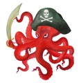 Red angry cartoon octopus in a pirate hat, with saber. Isolated watercolor illustration Royalty Free Stock Photo