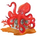 Red angry cartoon octopus on a treasure chest. Watercolor illustration Royalty Free Stock Photo