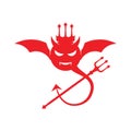 red angry devil head with bat wing and trident fork  logo design Royalty Free Stock Photo