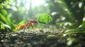 Red Ant Carrying A Green Leaf In A Forest Royalty Free Stock Photo