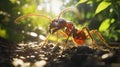 Close-up Macro Shot of a Red Ant Crawling on Forest Floor with Greenery Background Royalty Free Stock Photo