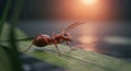 Red Ant on Leaf in Rain at Sunset 3d Render Royalty Free Stock Photo