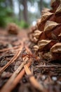 Red Ant Near Pine Cone on Forest Floor Royalty Free Stock Photo