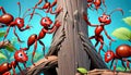 Red ants swarming climbing tree vegetation smiling funny caricature