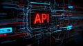 Red api text on a dark background with blue and red lines and circuit board design elements around it Royalty Free Stock Photo
