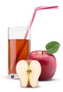 Red aplles and slice with leaf. Glass of fresh apple juice straw