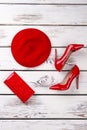 Red apparel, shoes, hat and wallet. Royalty Free Stock Photo