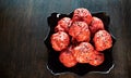 Red appetizer buffet of custard dough with filling Royalty Free Stock Photo