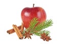 Red apple, anise stars, cinnamon sticks and fir-tree branch on a white background. Christmas decoration Royalty Free Stock Photo