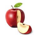Red Apple, Apple Slice and Green Leaves with white isolated background, Vector Illustration Royalty Free Stock Photo
