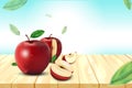 Red Apple, Apple Slice and Green Leaves with Wooden and beach background, Vector Illustration Royalty Free Stock Photo